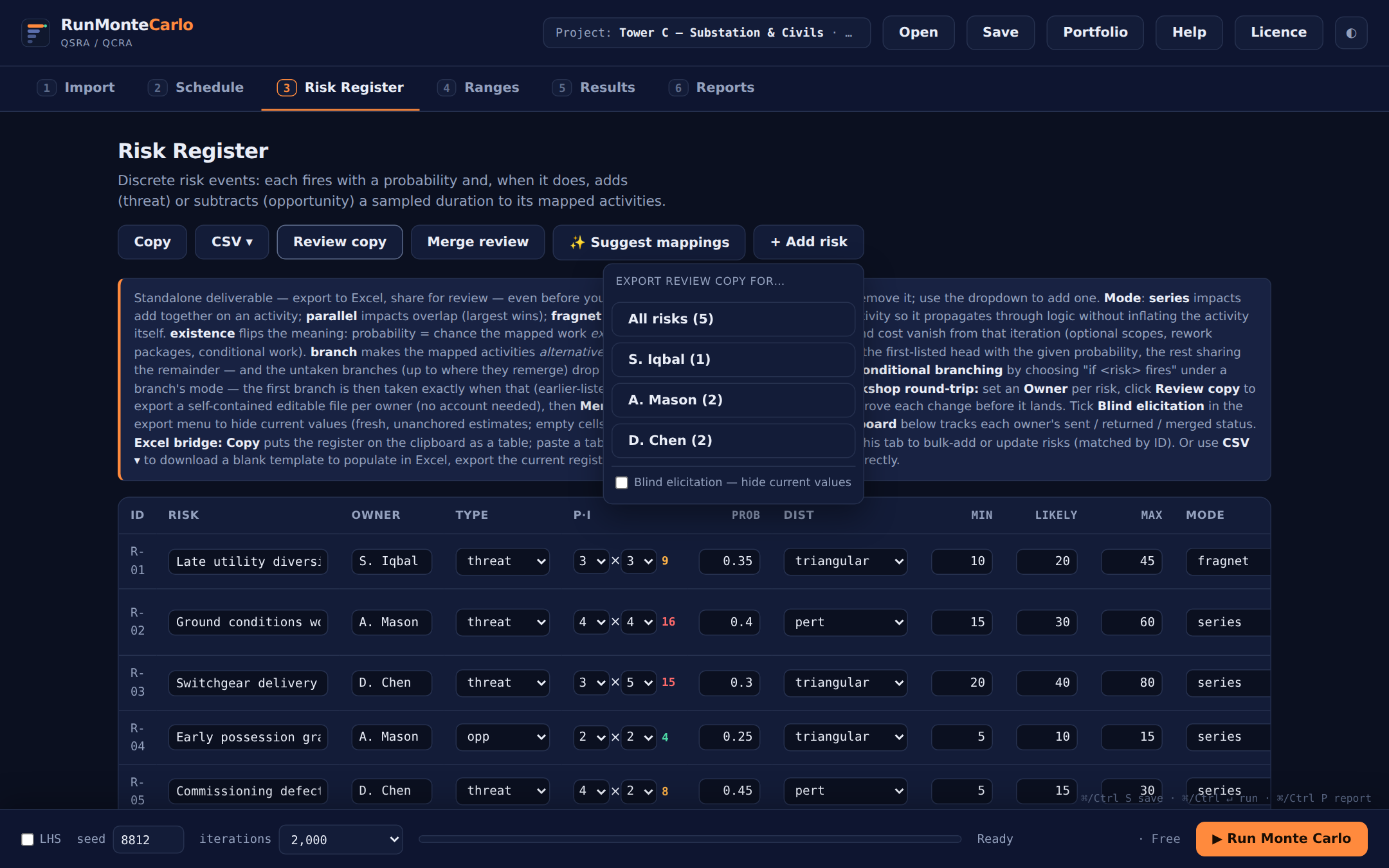 Review copy menu listing per-owner export buttons and the blind elicitation checkbox
